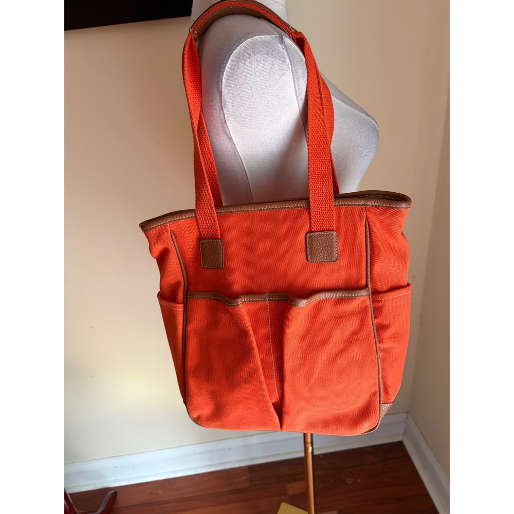 Garnet Hill Orange Canvas Tote Bag Leather Trim Pink Lining Shoulder Bag